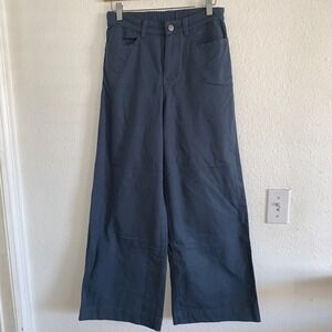 Pact Women Small Organic Cotton Wide Leg Pants Slate Blue Elastic Back High Rise